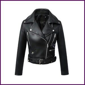 Faux Leather Motorcycle Jacket with Belt, 3 Zipped Pockets, Slim Fit